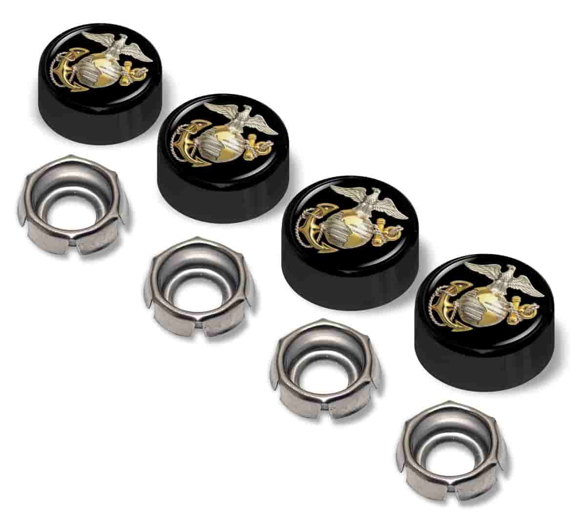 U.S. Marine Corps Gold Emblem - USMC License Plate Screw Caps - Black Metal Set of 4